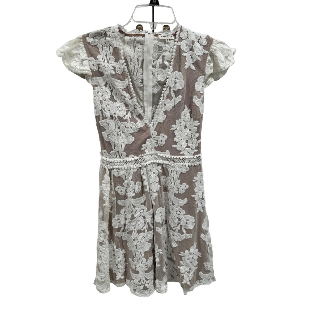 Lace Overlay‎ Fit Flare Dress White Brown V Neck Womens Size S